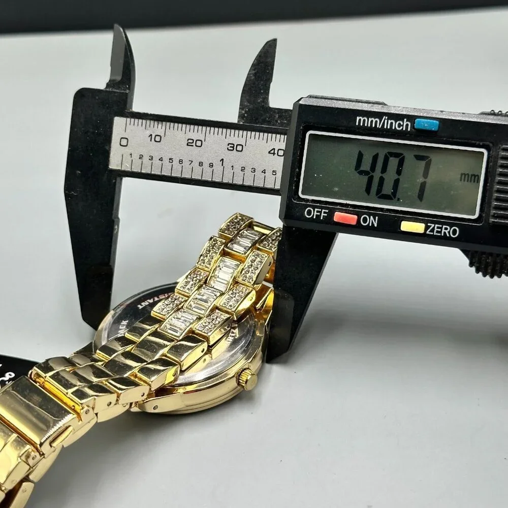 Techno Pave Watch Men Gold Tone Bling Iced Out Crystal Accents New Battery 9